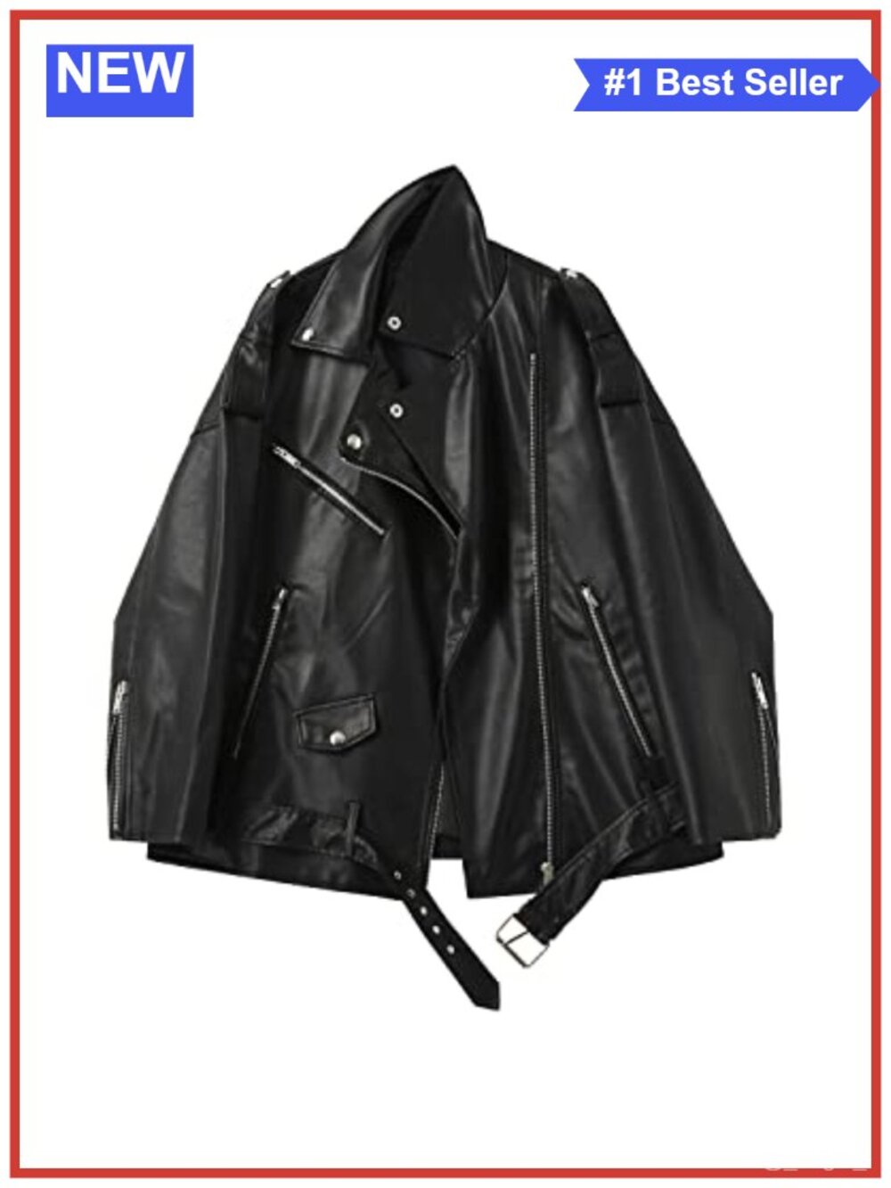 Faux Leather Moto Biker Jacket Loose Fit Zip Up Lapel Collar